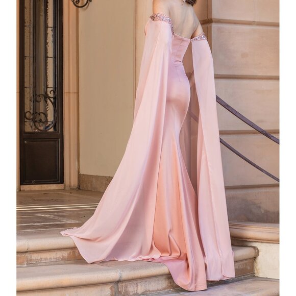 New Off Shoulder Sheath Dress w/ Beads Embroidery & Shoulder Drapes DQ 4306 - Picture 6 of 9